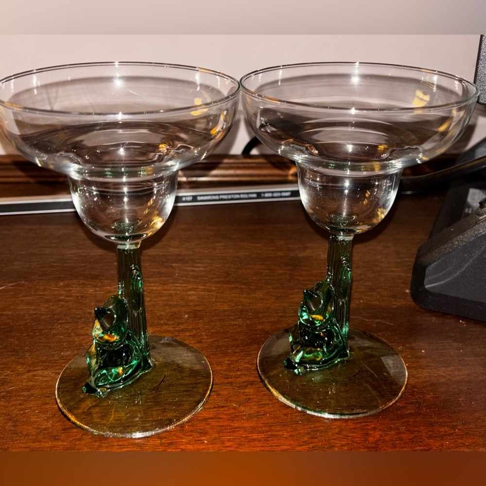4 Vintage Mexican Margarita Glasses - Green Sombrero Stem - Artisan Glassware - Picture 6 of 8